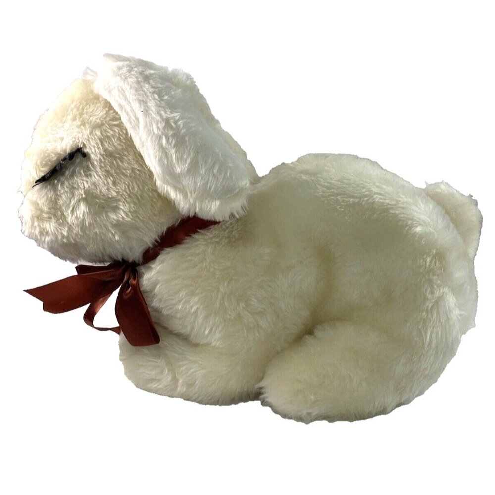 Commonwealth Cream Bunny Rabbit Plush Stuffed Animal Dark Red Bow Vintage 20"